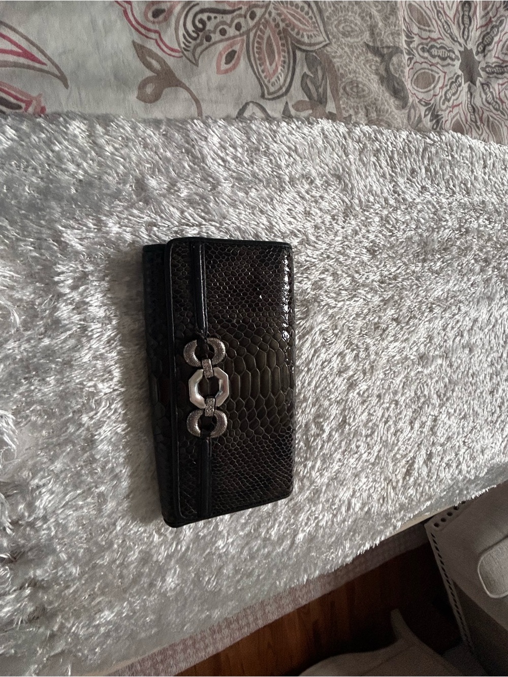 Brighton Black Patent Snake-Embossed Clutch Wallet with Silver Hardware